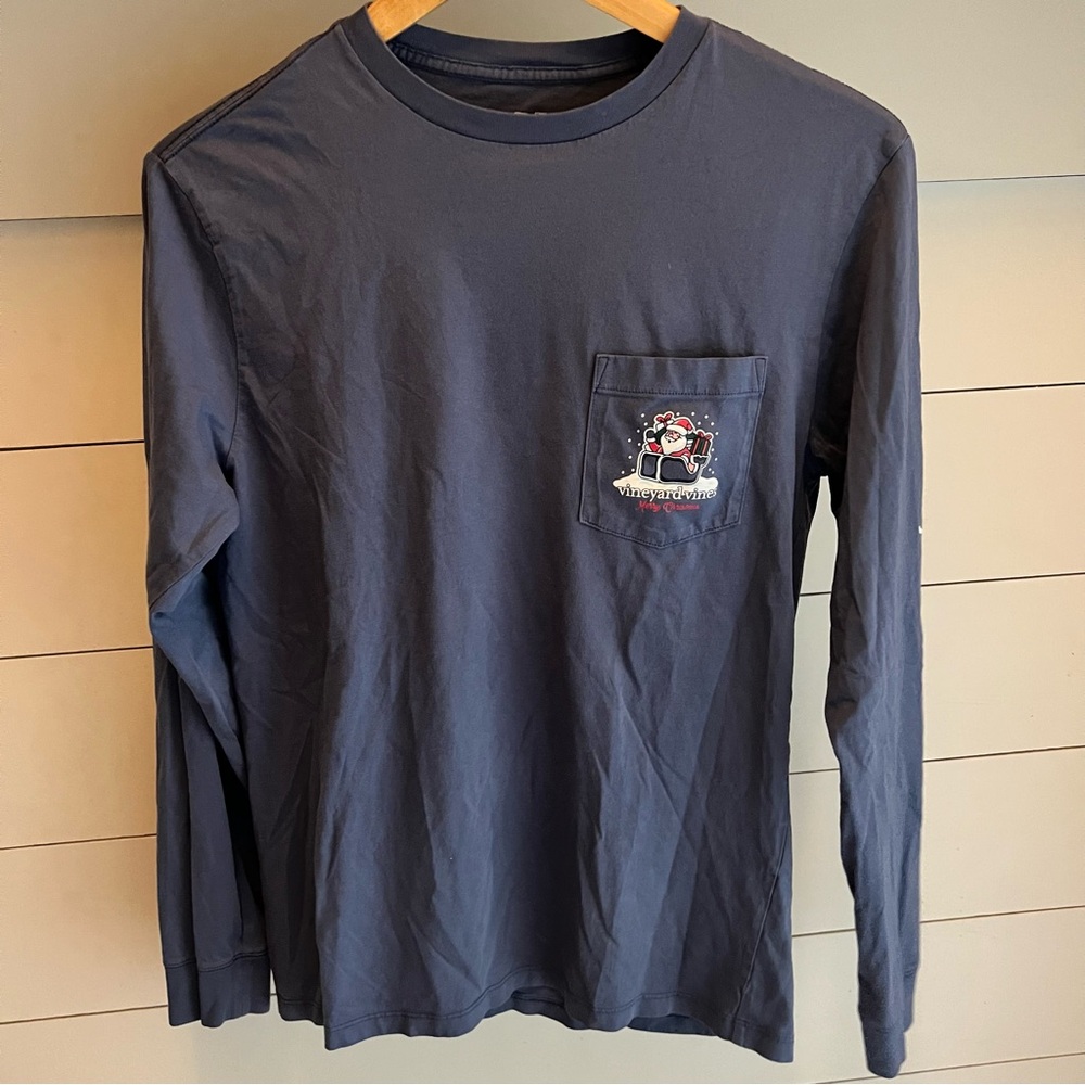 Vineyard Vines Classic Blue pocket Long Sleeve Tee Merry Christmas Men XS